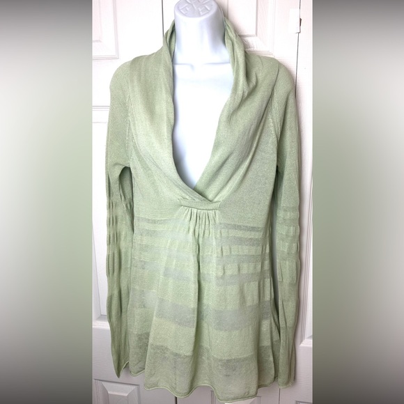 Anthro MOTH Linen Blends Sweater Pale Mint Green Long Tunic VNeck Shawl Striped - Picture 9 of 9